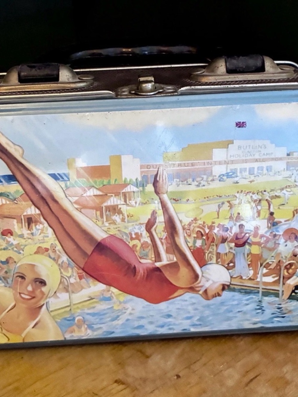 Vintage Metal Art Deco 1920s Swimmers Swimming Pool Summer Divers Mini Lunchbox